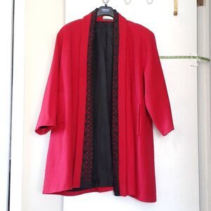 '80s vintage Diane Marco red open front coat 3x black lace trim shoulder pads